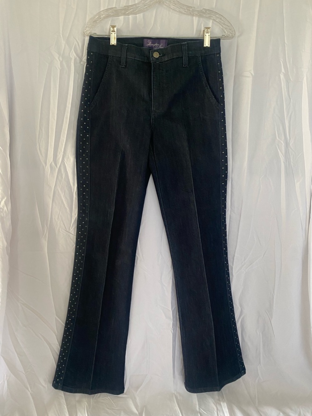 NYDJ Dark Blue with Embellishments down the legs Jeans with Purple Waist Label